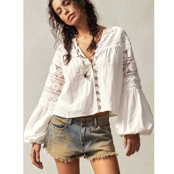 Cotton Bohemian Shirt White Crochet Lace Detailed V-Neck Long Lantern Sleeve - Picture 4 of 12
